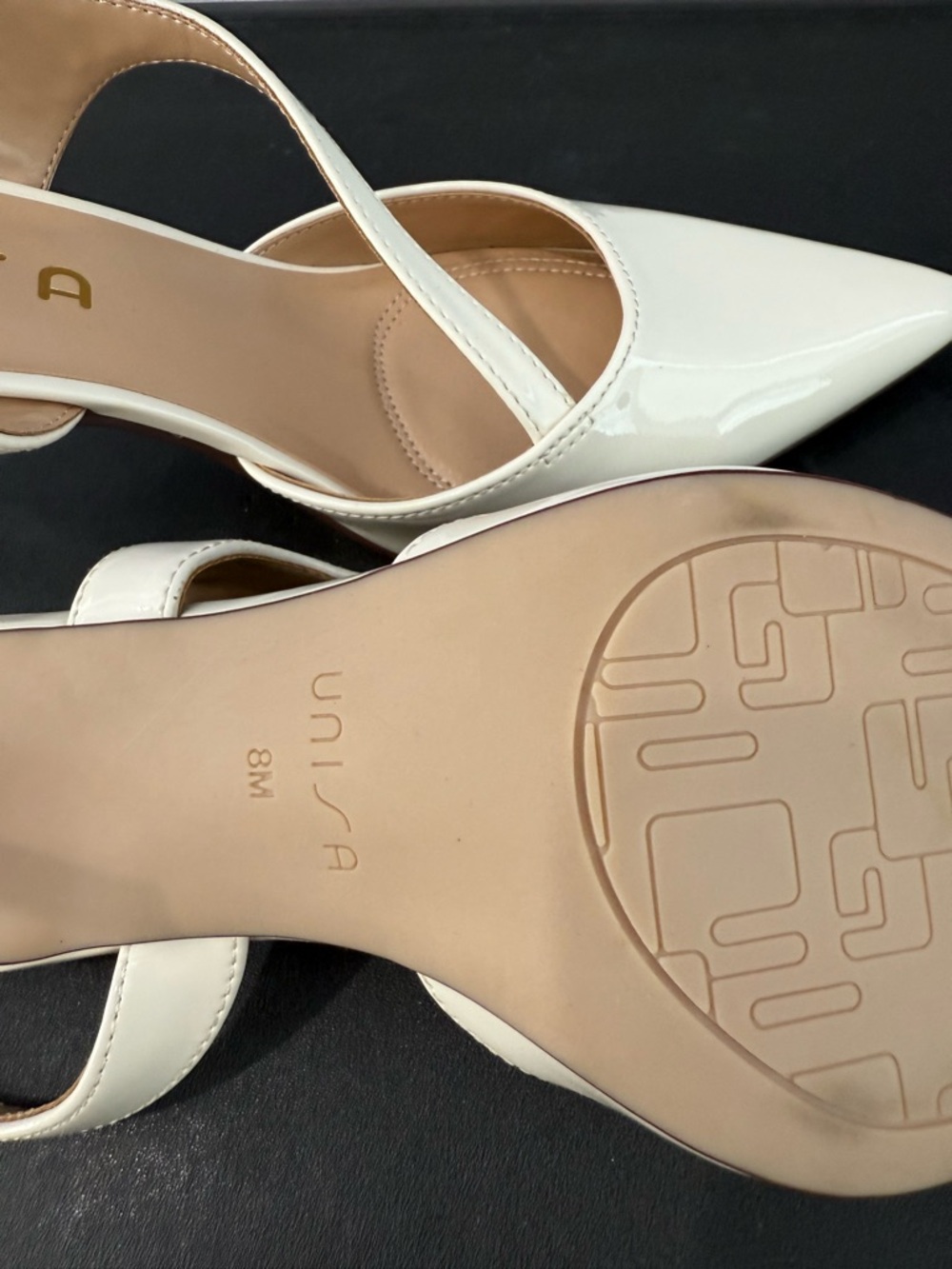 Unisa Cream Patent Pointed Toe Slingback Heels with Crisscross Strap - Picture 4 of 6